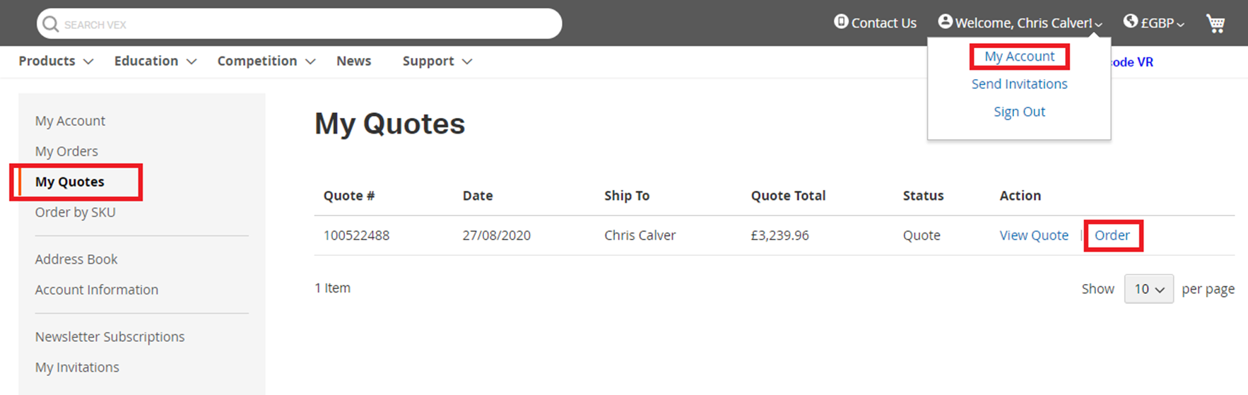 Quote dashboard showing available quotes and the order option on the right hand side, within the My Account section.