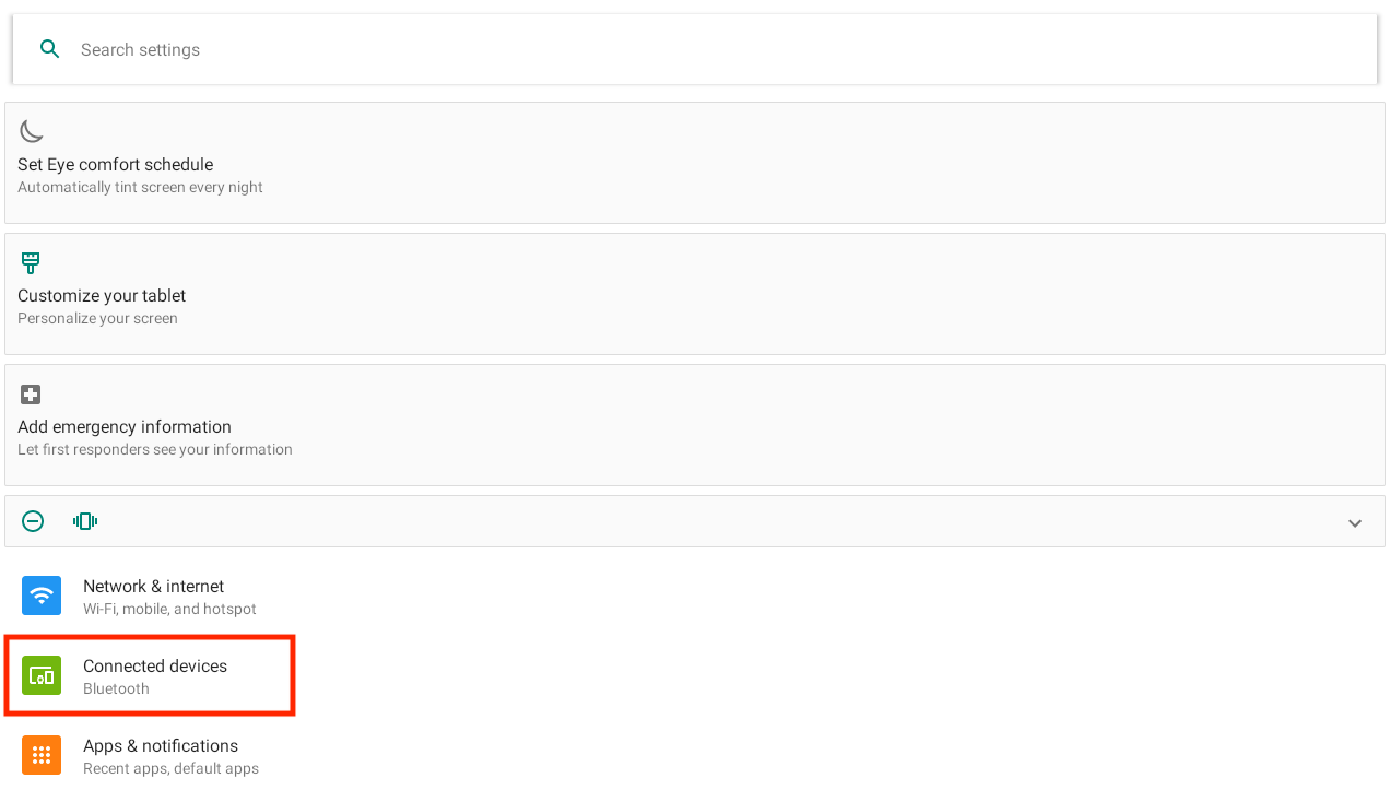 Settings options with Connected Devices - Bluetooth highlighted in the lower left 