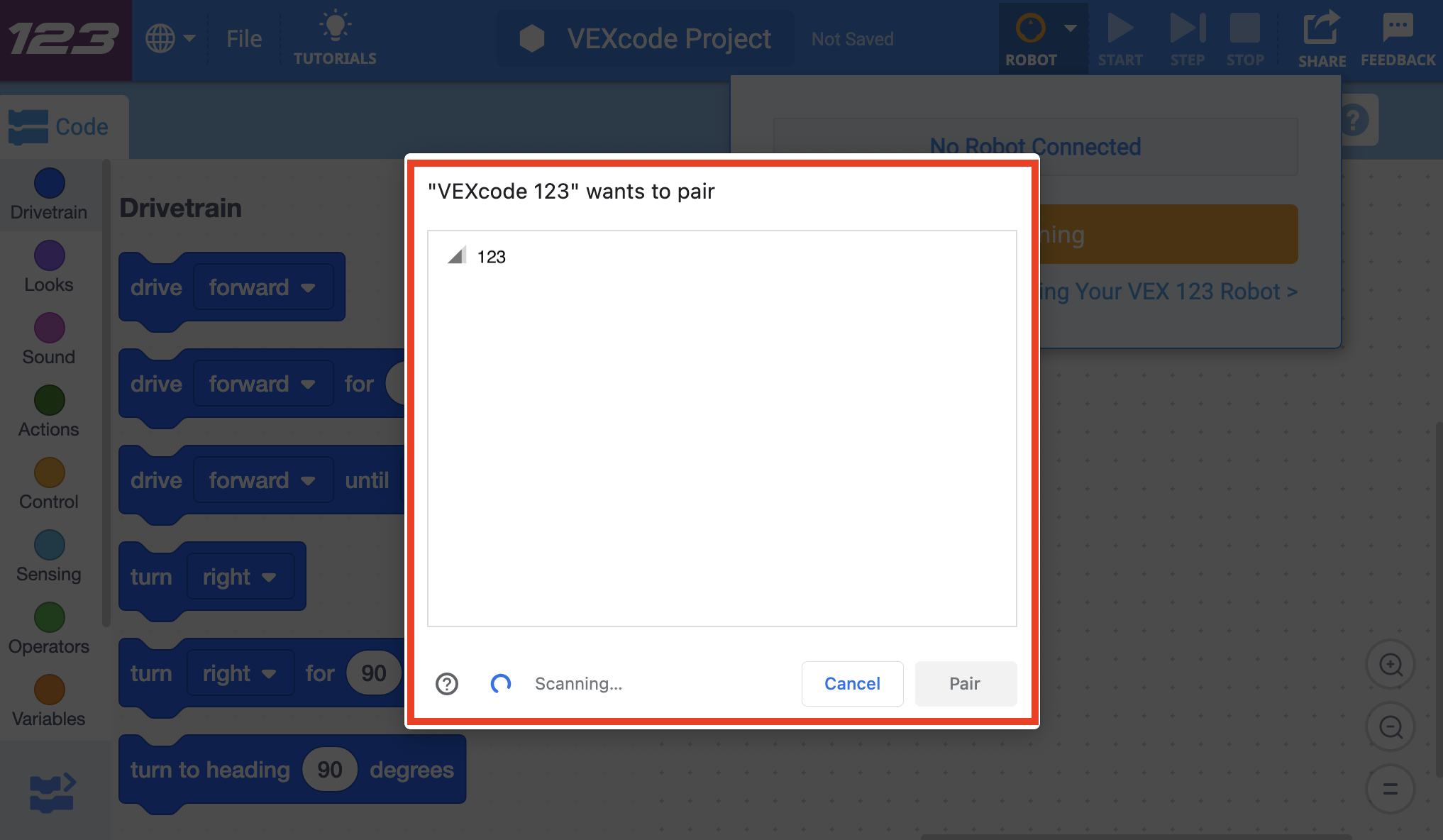 VEXcode 123 interface with Bluetooth settings showing available devices on a Chromebook, with a 123 listed
