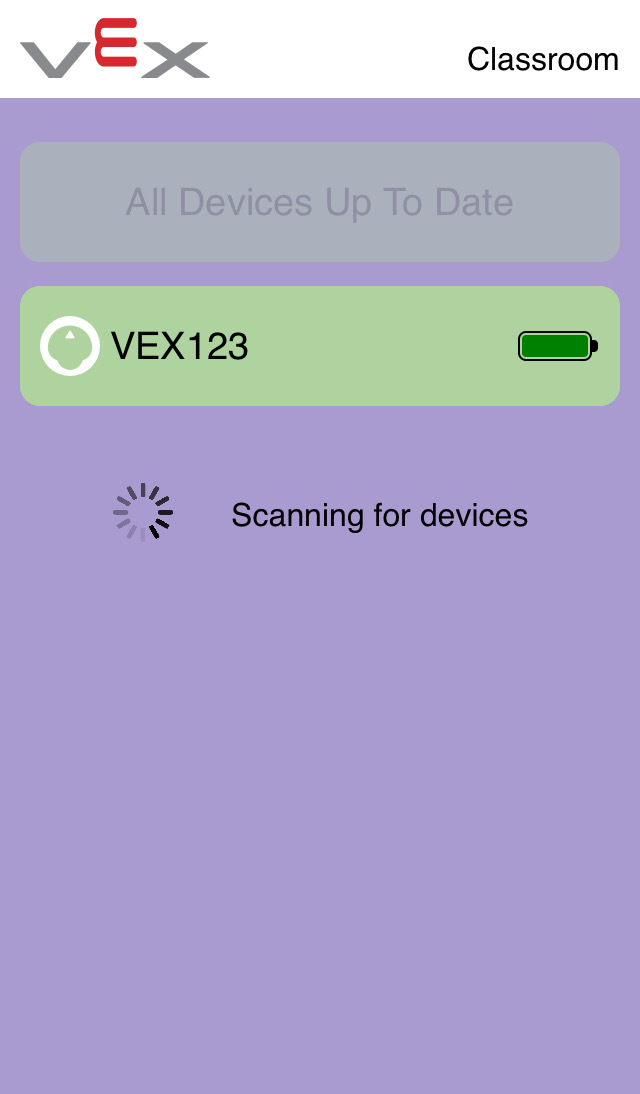 VEX Classroom app showing a VEX 123 robot available in the list of devices.
