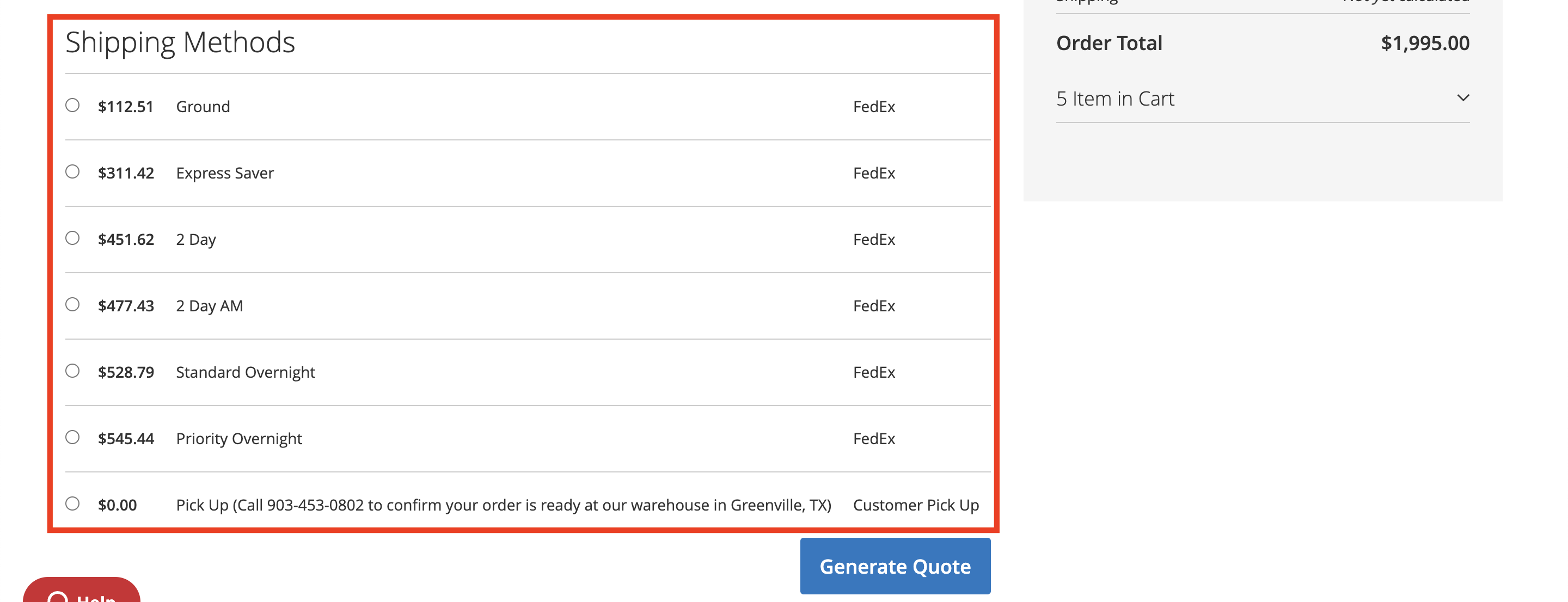 Shipping options during checkout for standard, expedited, and pick up options with associated costs listed.