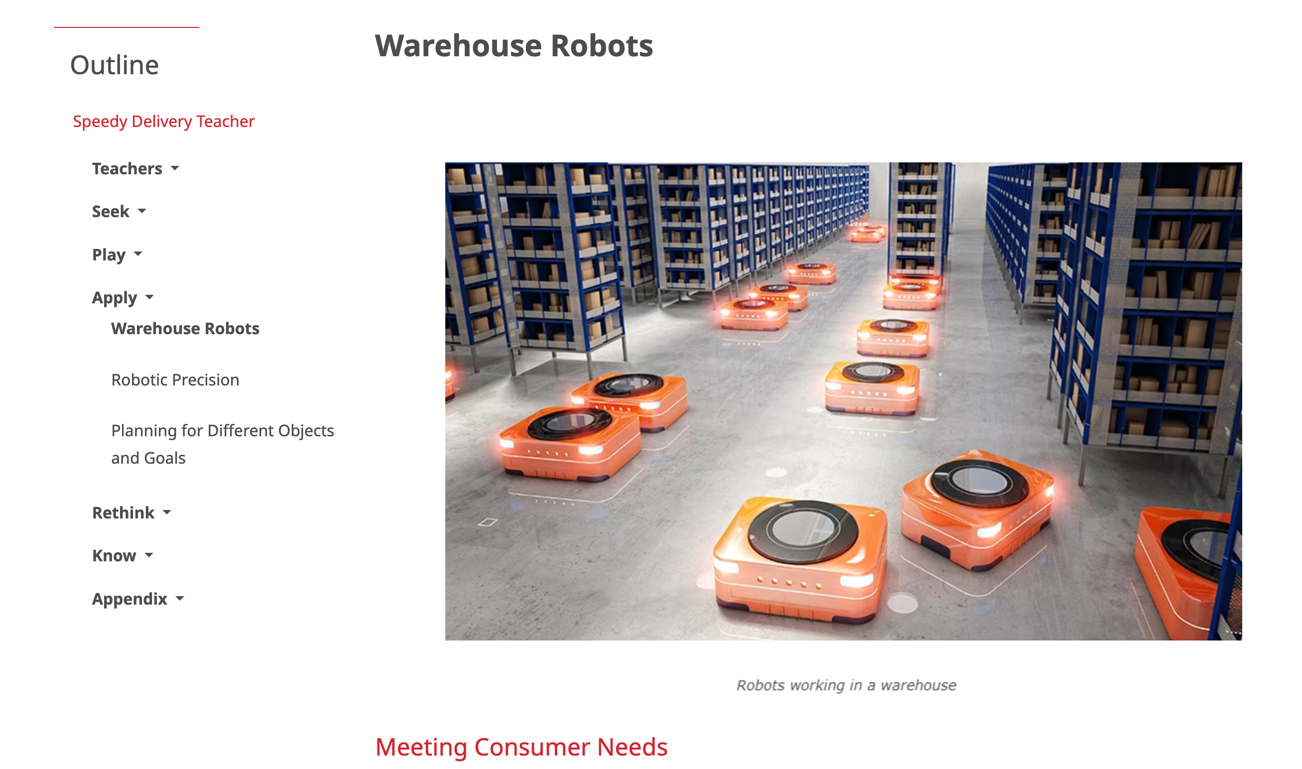 Screenshot showing a STEM Lab article in the Apply section which discusses warehouse robots and their purpose.