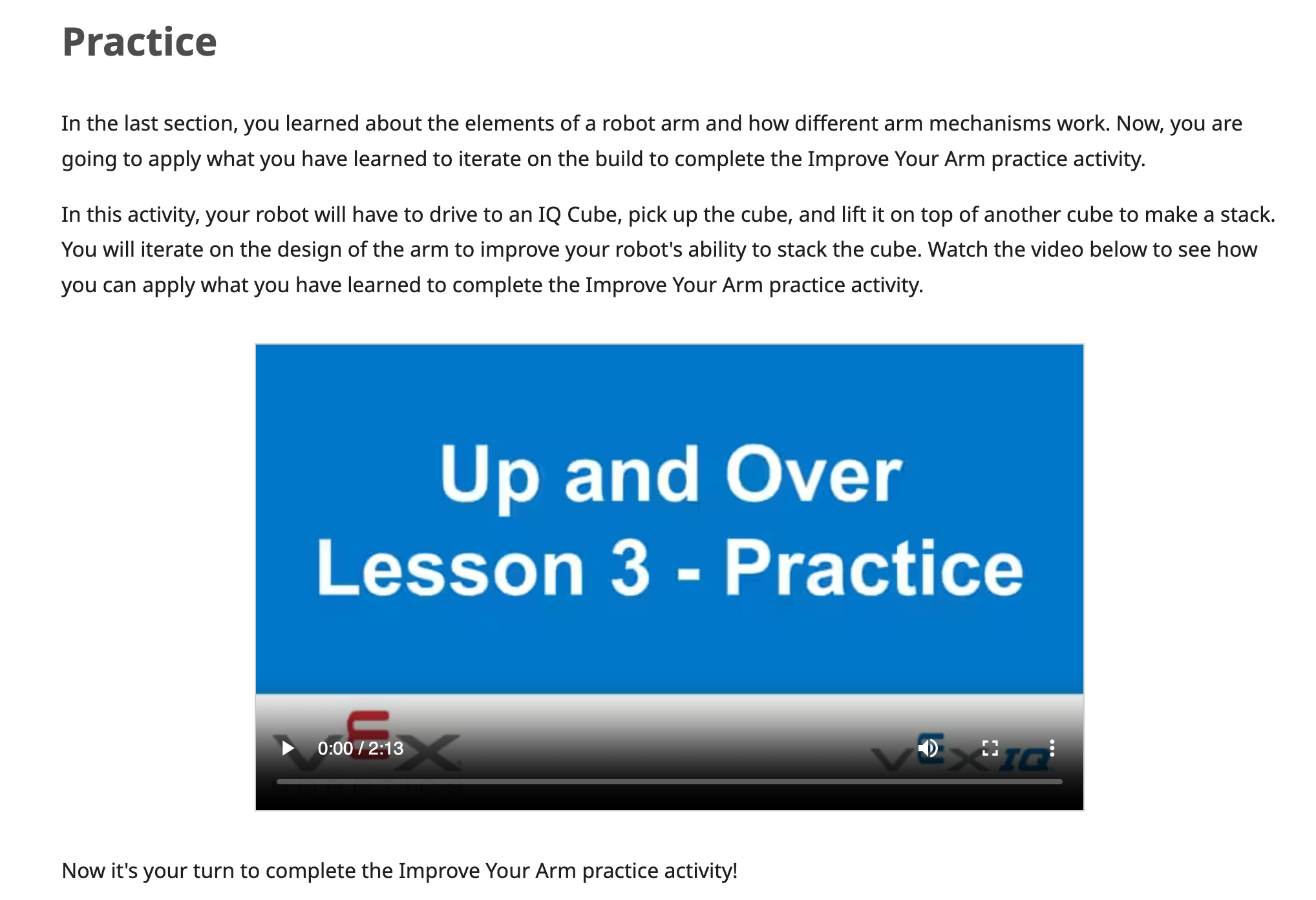 Screenshot of a Practice article with information and a Practice video for that lesson.