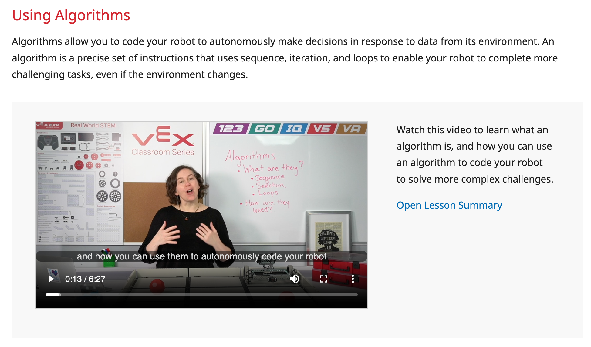 Screenshot of an explanation and a video on Using Algorithms in a STEM Lab.