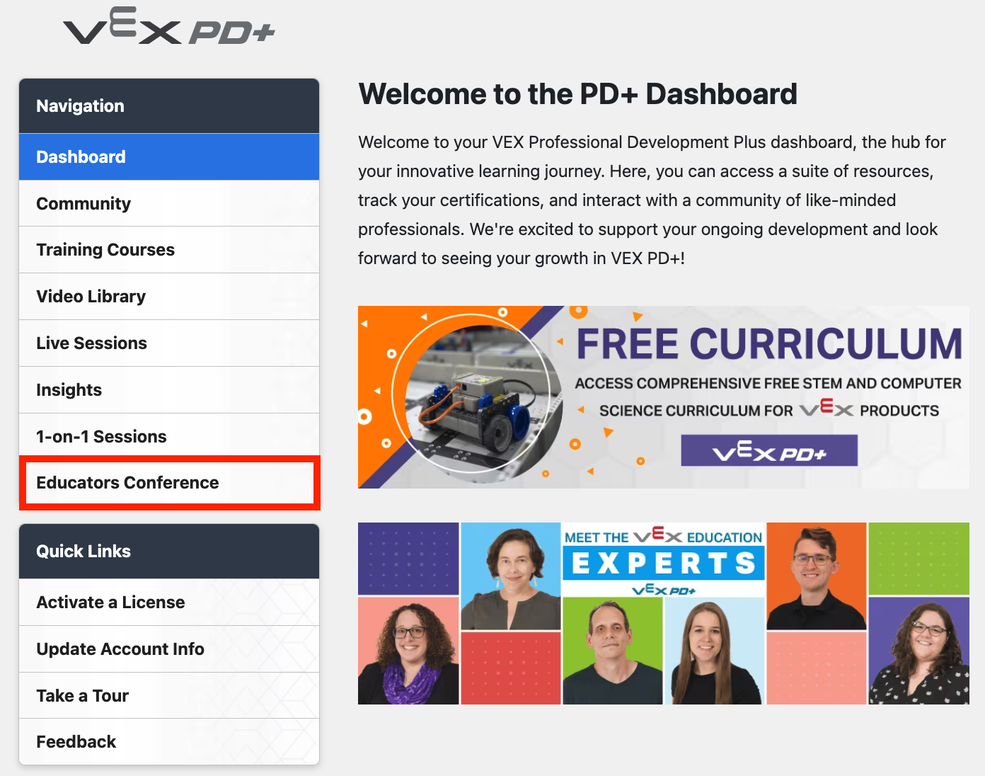 PD+ Dashboard Side Menu with the Educators Conference option highlighted.
