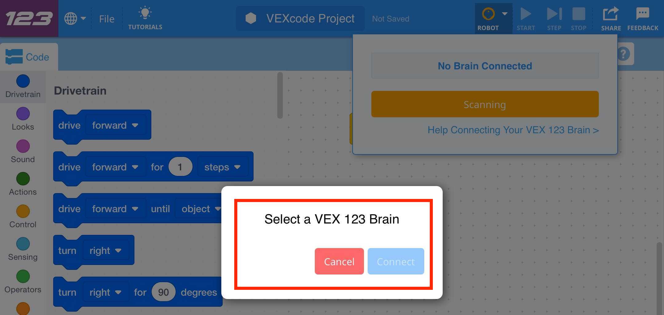 VEXcode 123 interface with the Select a VEX 123 pop up in the middle of the screen highlighted, showing an empty list.