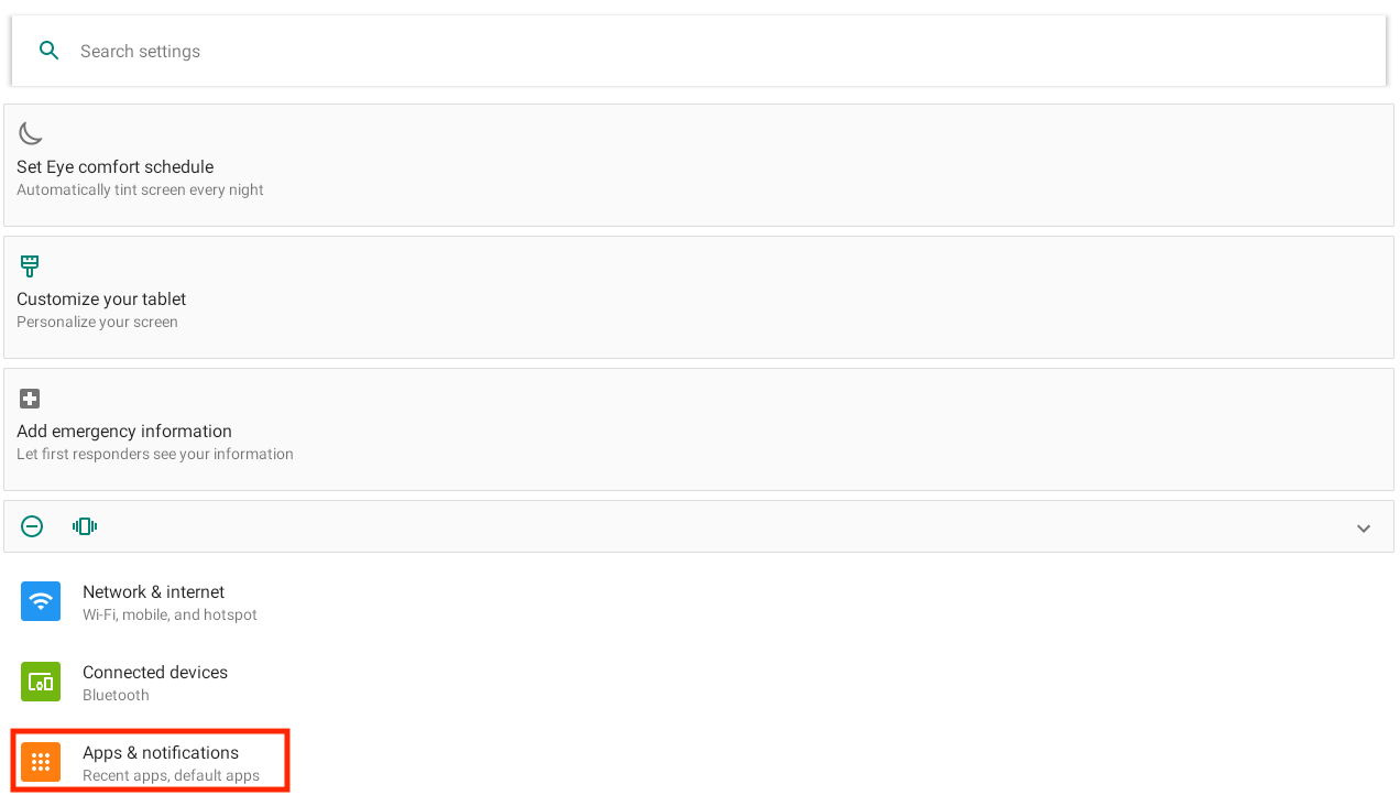 Android settings options with Apps & Notifications options in the lower left highlighted.