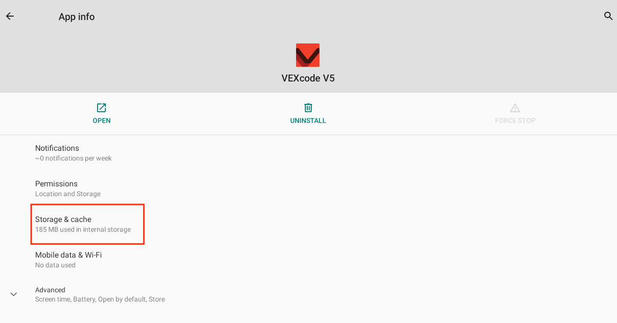 Android app settings for VEXcode V5 showing Storage & cache option highlighted for clearing Bluetooth app data
