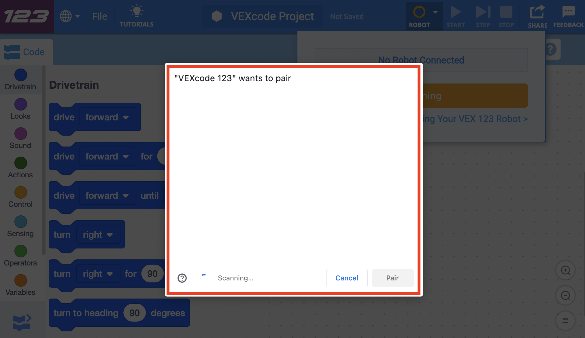 VEXcode 123 interface with the Bluetooth dialog showing no devices available or connected.