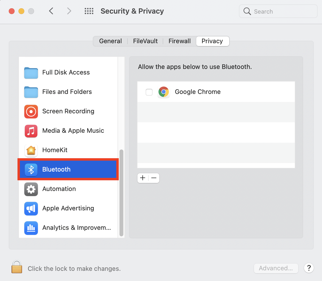 Privacy tab of the security and privacy settings in macOS open with the Bluetooth option on the left hand list highlighted.