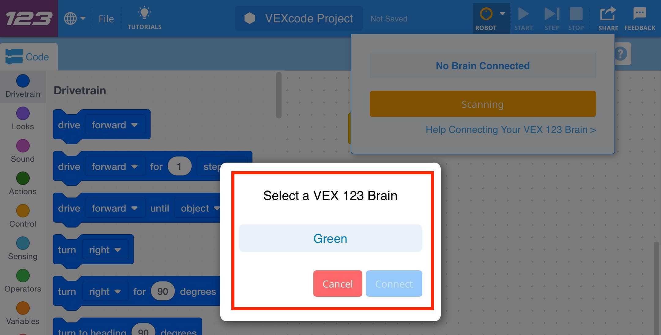 VEXcode 123 interface with the Bluetooth device list prompt showing a 123 robot available.