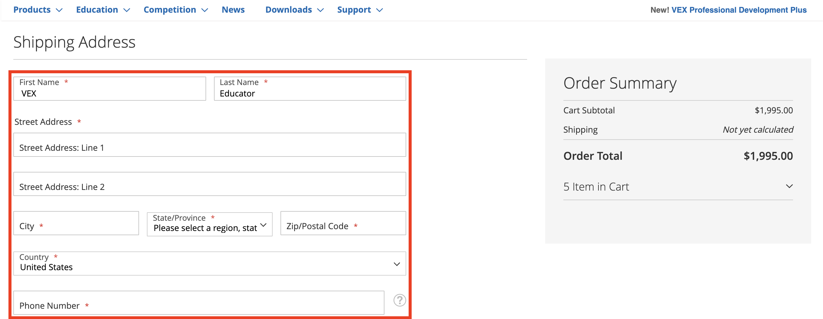 Quote request form with fields for contact information and shipping details.