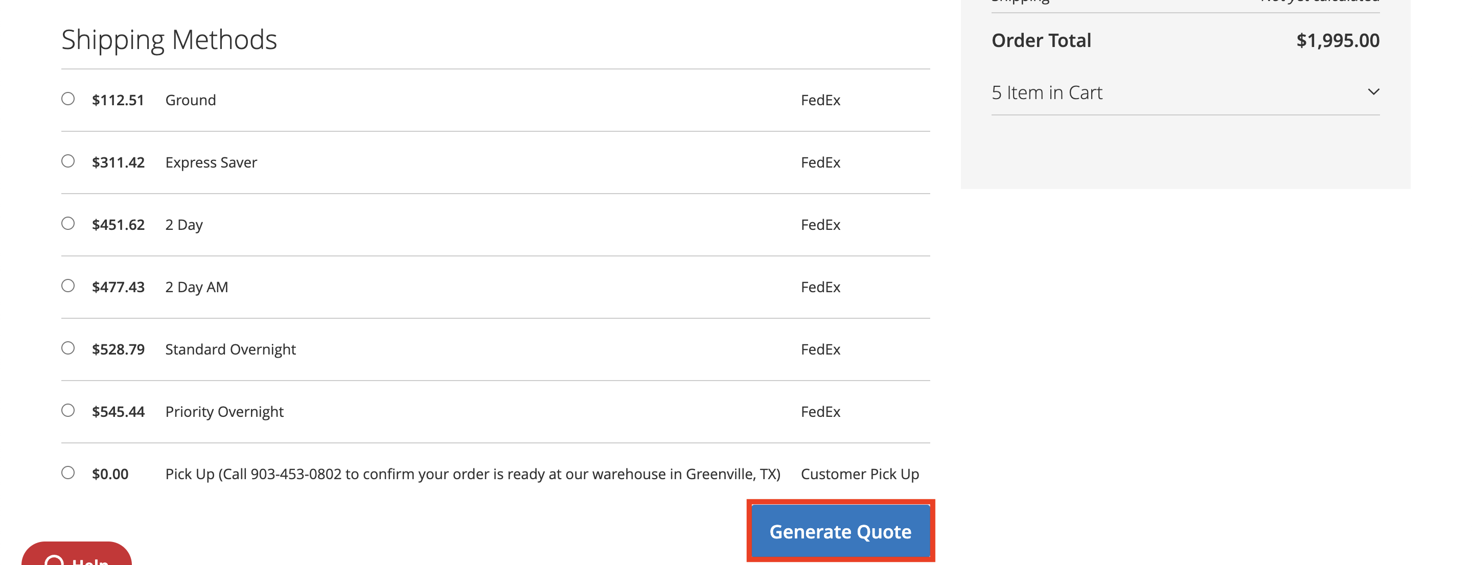 The same options at the bottom of the page, now with the Generate Quote button highlighted at the bottom right.