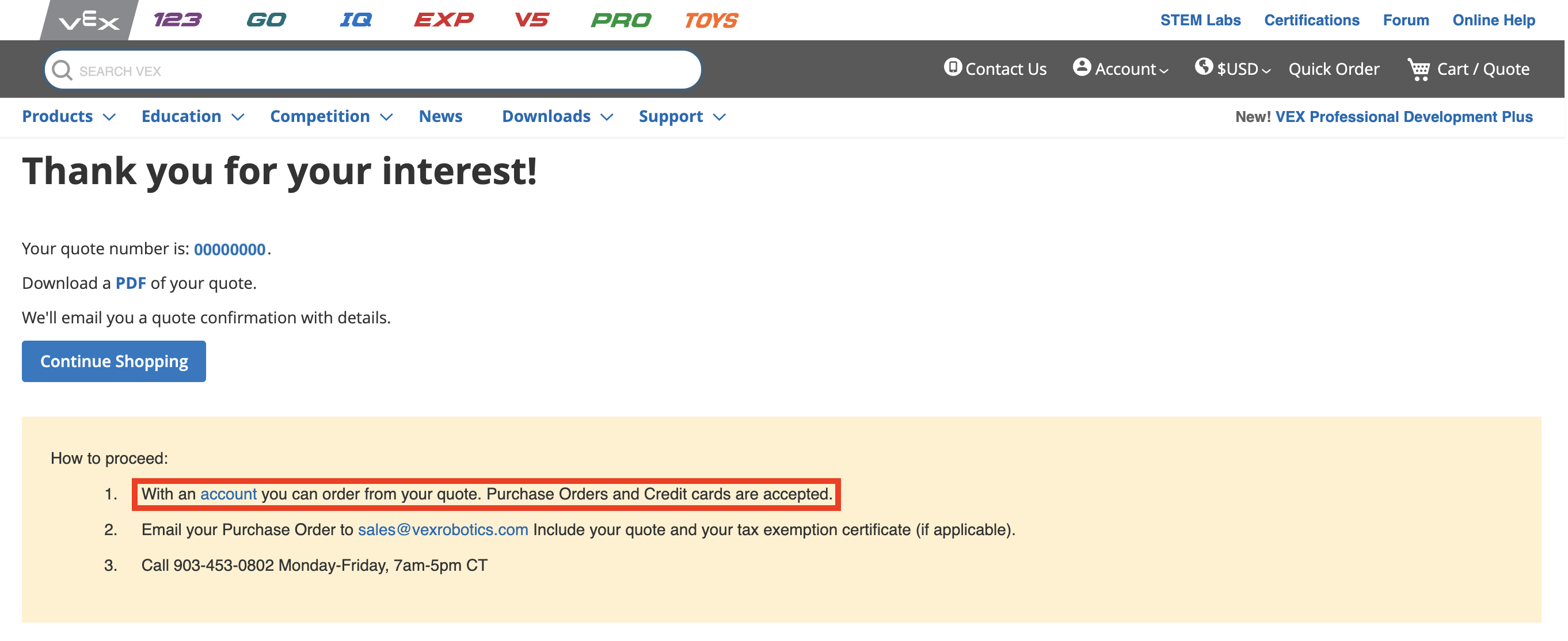 The same page with the step to create an account highlighted. It reads with an account, you can order from your quote. Purchase orders and credit cards are accepted.