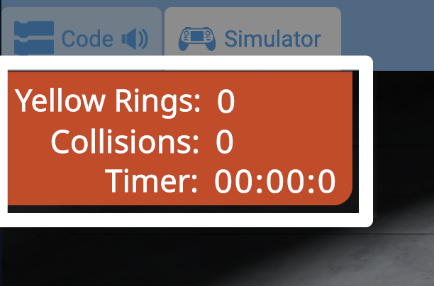 A close up screenshot of the upper left corner of the simulator with the metrics box highlighted showing a counter for yellow rings and collisions, as well as a timer.