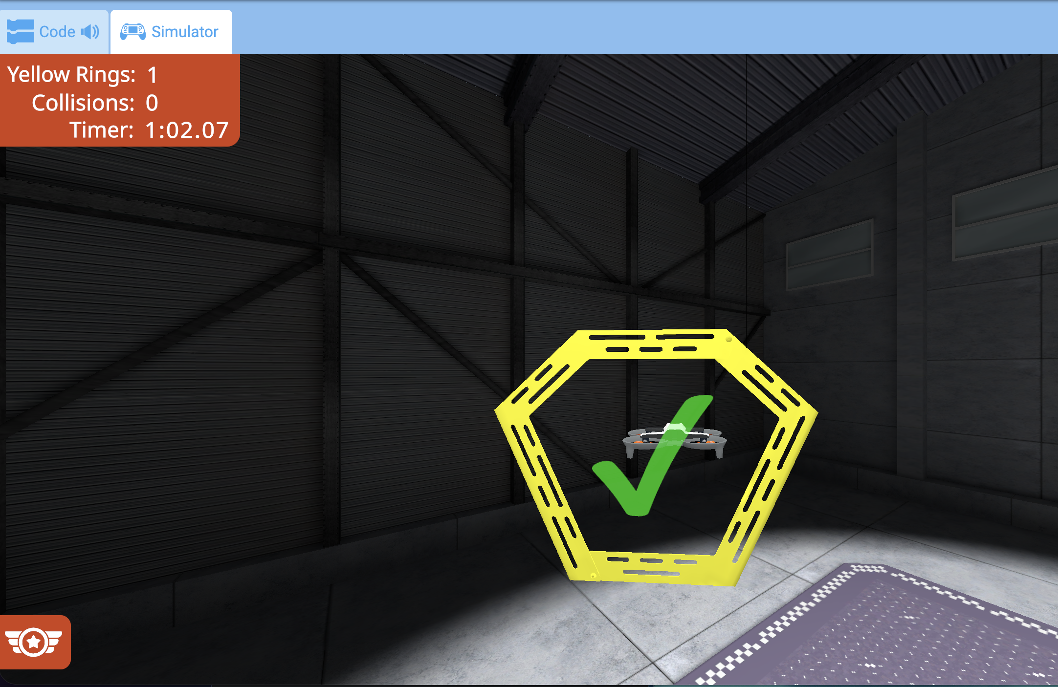A screenshot during the flight showing the drone through the left yellow ring. The yellow ring count reads 1 in the metrics corner, and there is a green checkmark in the center of the completed ring.