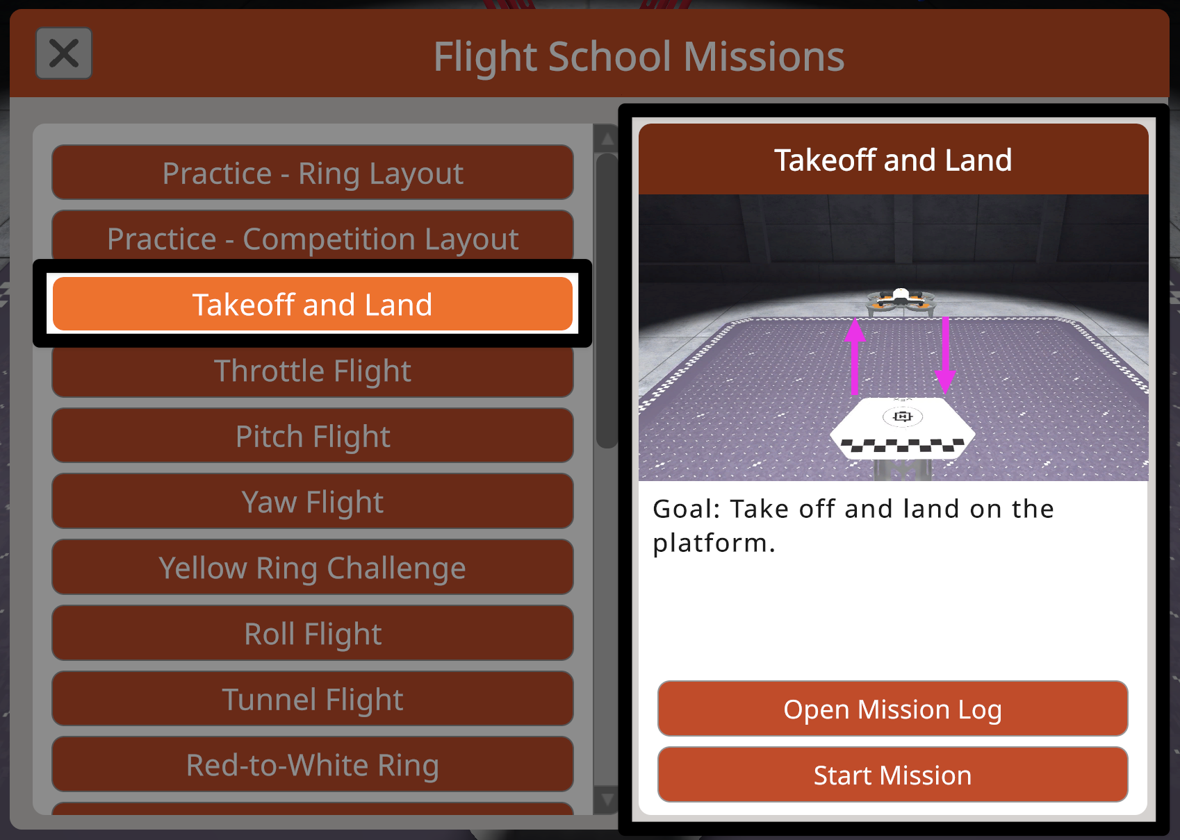 The same menu, now with the Takeoff and Land mission button selected on the left, and the preview pane showing that mission's summary and buttons on the right highlighted.