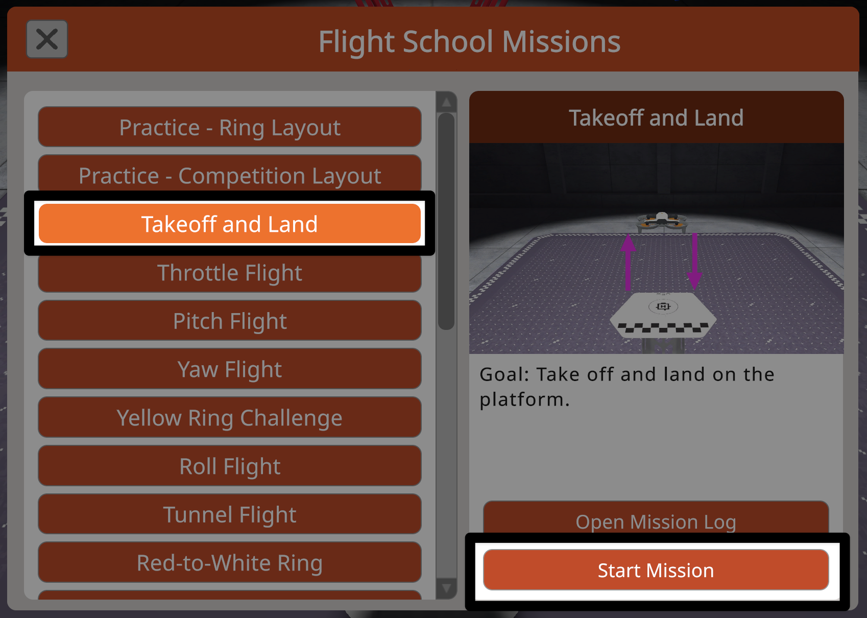 The same image as the one previous, now with the Start Mission button in the lower right corner highlighted.