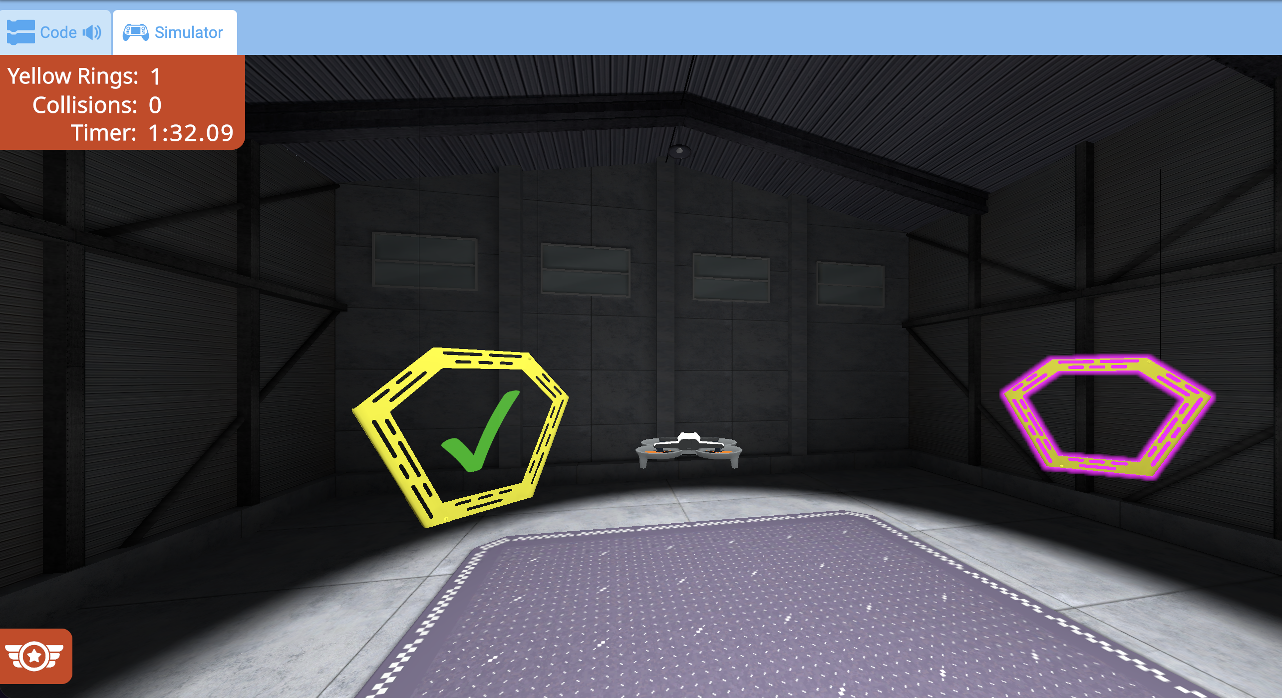 A screenshot during flight showing the left yellow ring with a green checkmark, and the remaining right yellow ring is highlighted in pink, with the drone flying between the two.