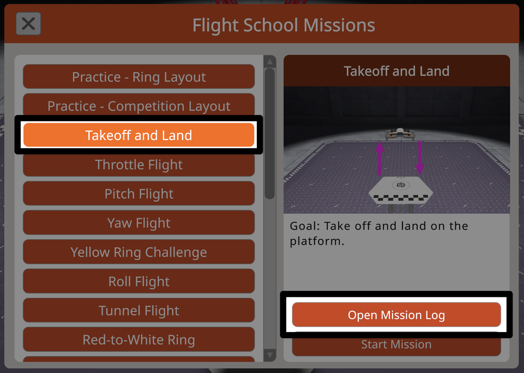 The Flight School Missions menu with the Takeoff and Land mission button on the left selected and the Open Mission Log button on the lower right corner highlighted.