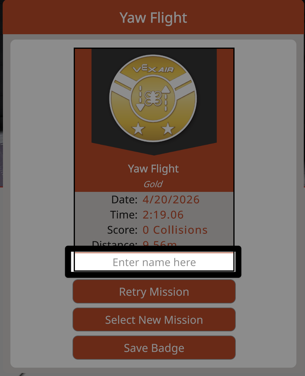 The mission badge dialog with the text box to select and enter name here highlighted below the mission data and above the retry mission button.