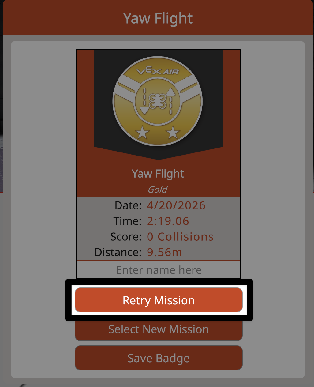 The same mission badge dialog, now with the Retry Mission directly below the name text box highlighted.