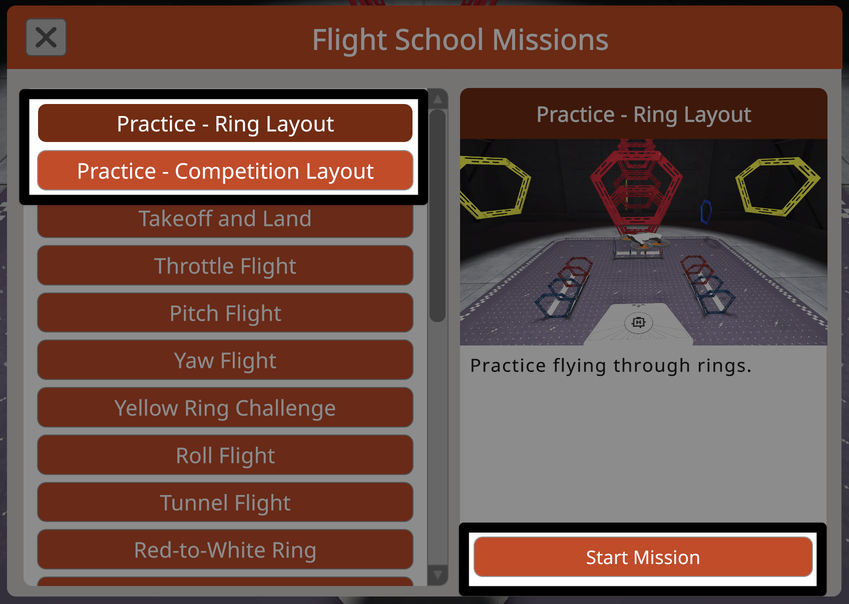 The Flight School Missions menu with the top two mission buttons reading practice - ring layout and practice - competition layout highlighted, along with the Start Mission button on the lower right.