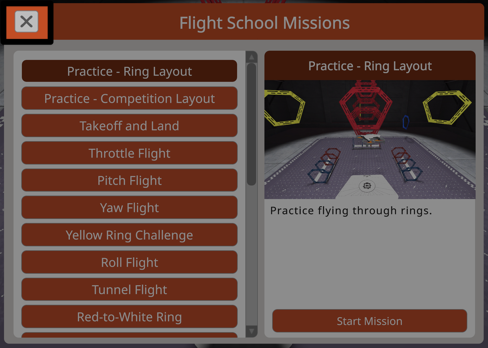 The Flight School Missions menu with the x button in the upper left corner highlighted.