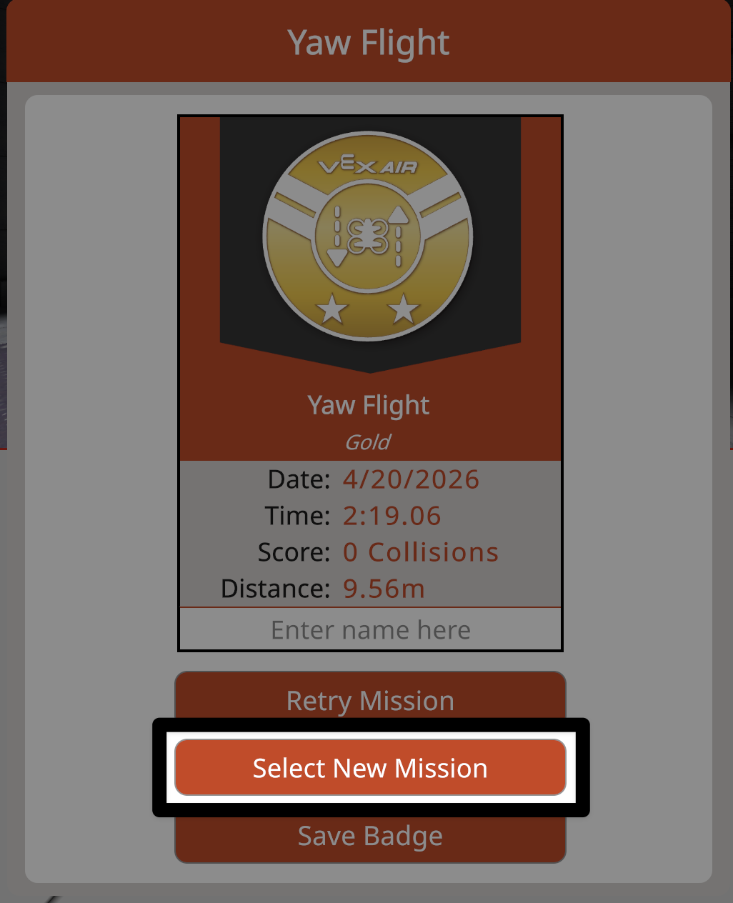 The same mission dialog box, now with the Select New Mission button, located vertically between retry mission and save badge, highlighted.