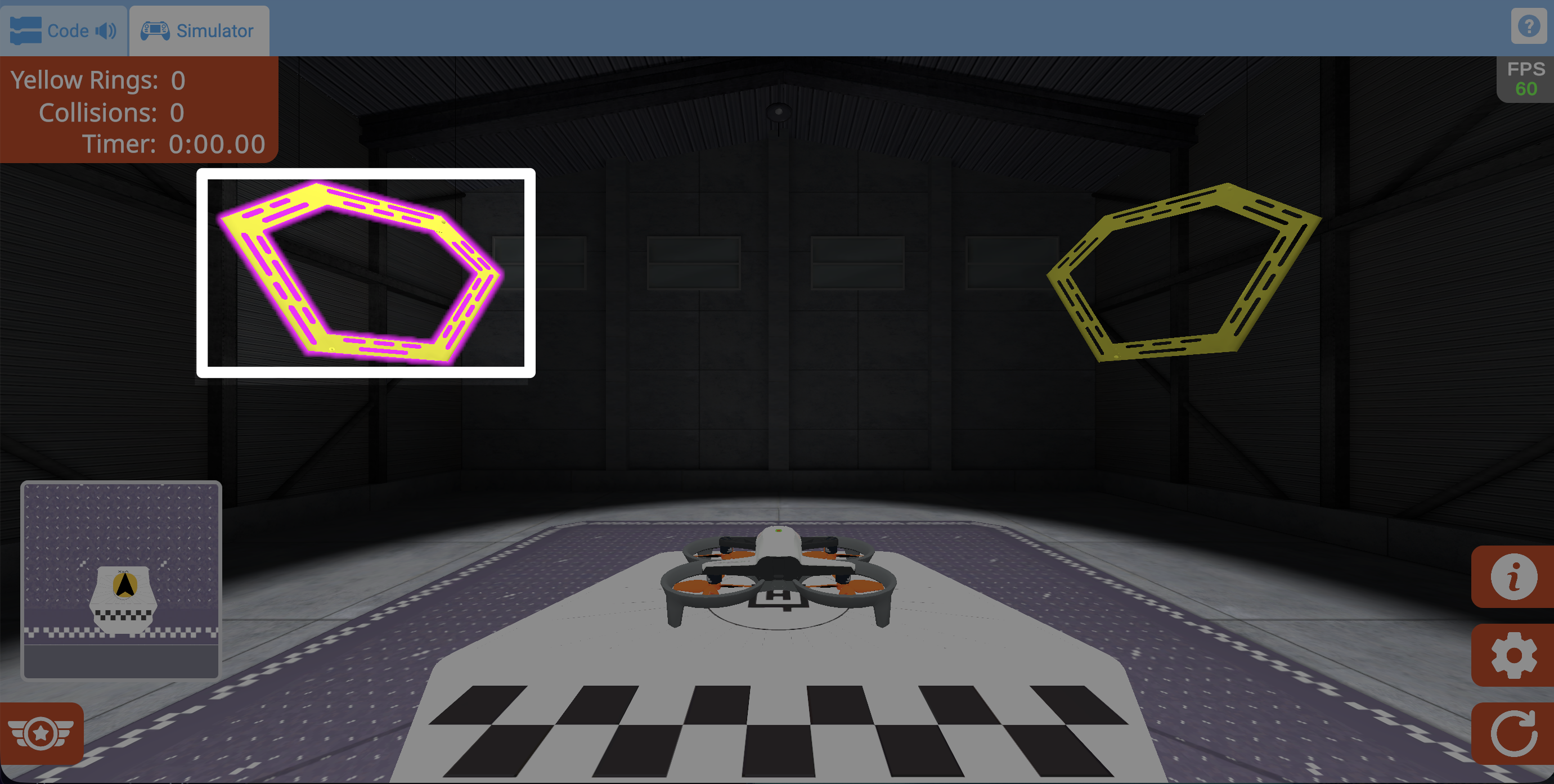 A screenshot from the simulator upon mission start. The drone is on the platform, and two yellow rings are shown on the field, diagonally left and right from the drone. The ring on the left is highlighted.