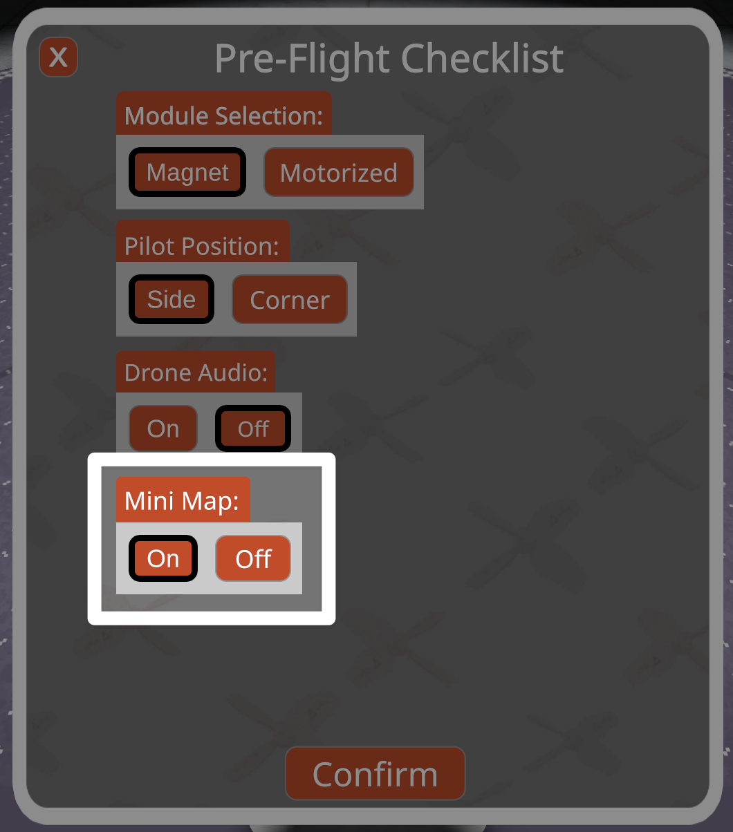 A screenshot of the Pre-Flight checklist with the options for Mini Map highlighted. There is a button for on and one for off. 