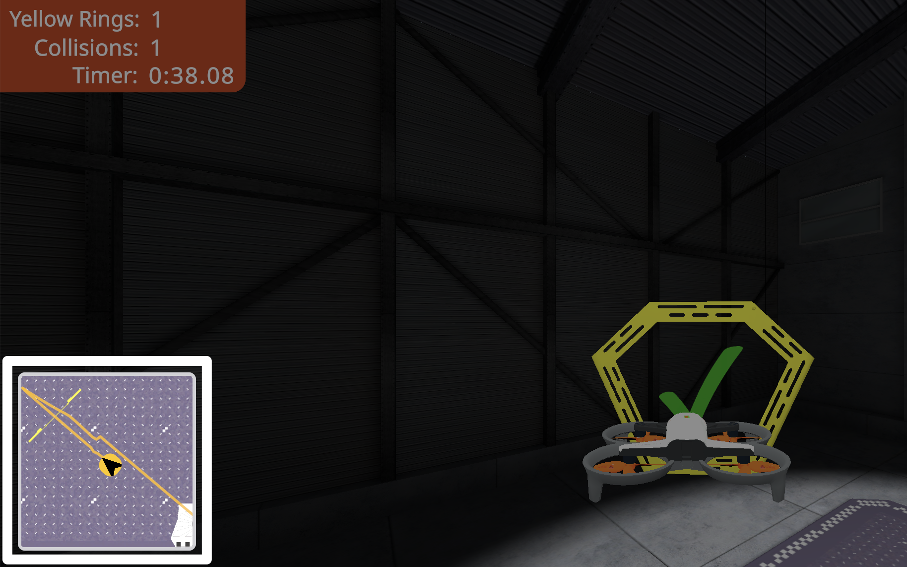 A screenshot during flight with the small square mini map feature in the lower left corner highlighted. Within the map the drone is represented by an arrow, and a line shows the drone's flight path.