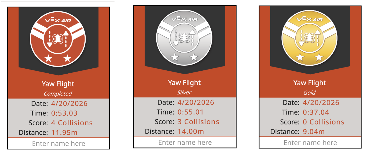 Three badged earned for the Yaw Flight, showing completed, with an orange medal on the left, silver with a silver medal in the center, and gold with a gold medal on the right. All badges have unique flight data and a place to enter a student's name.