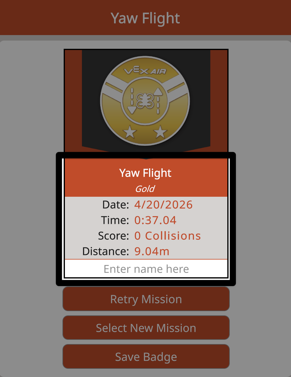 A close up of the Yaw Flight Gold badge with the unique flight data showing the date, elapsed time, score, distance and student name text box highlighted.