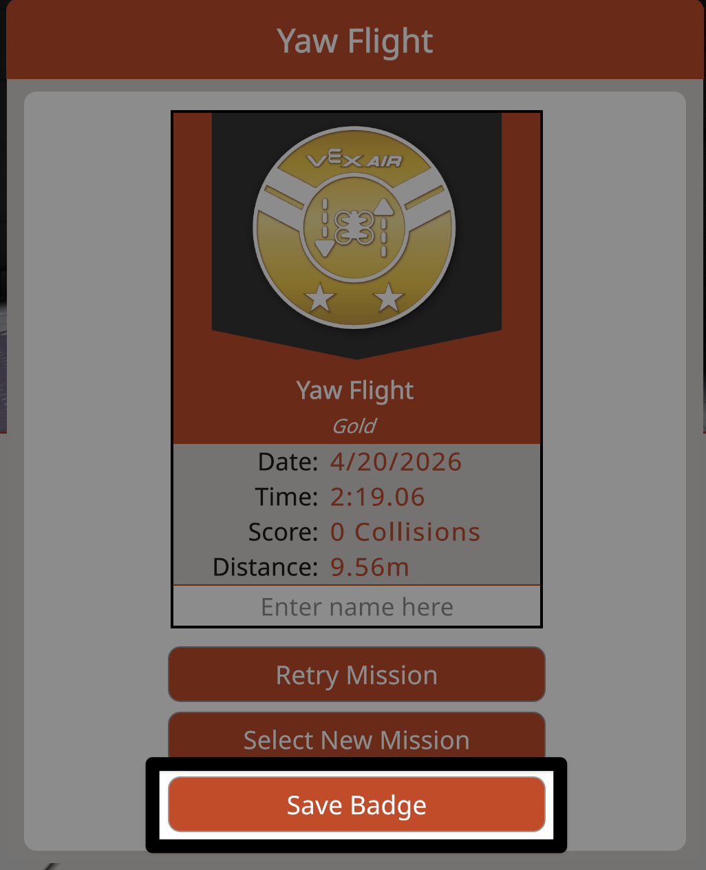 The badge dialog box with a Yaw Flight Gold badge and the Save Badge button on the bottom highlighted.