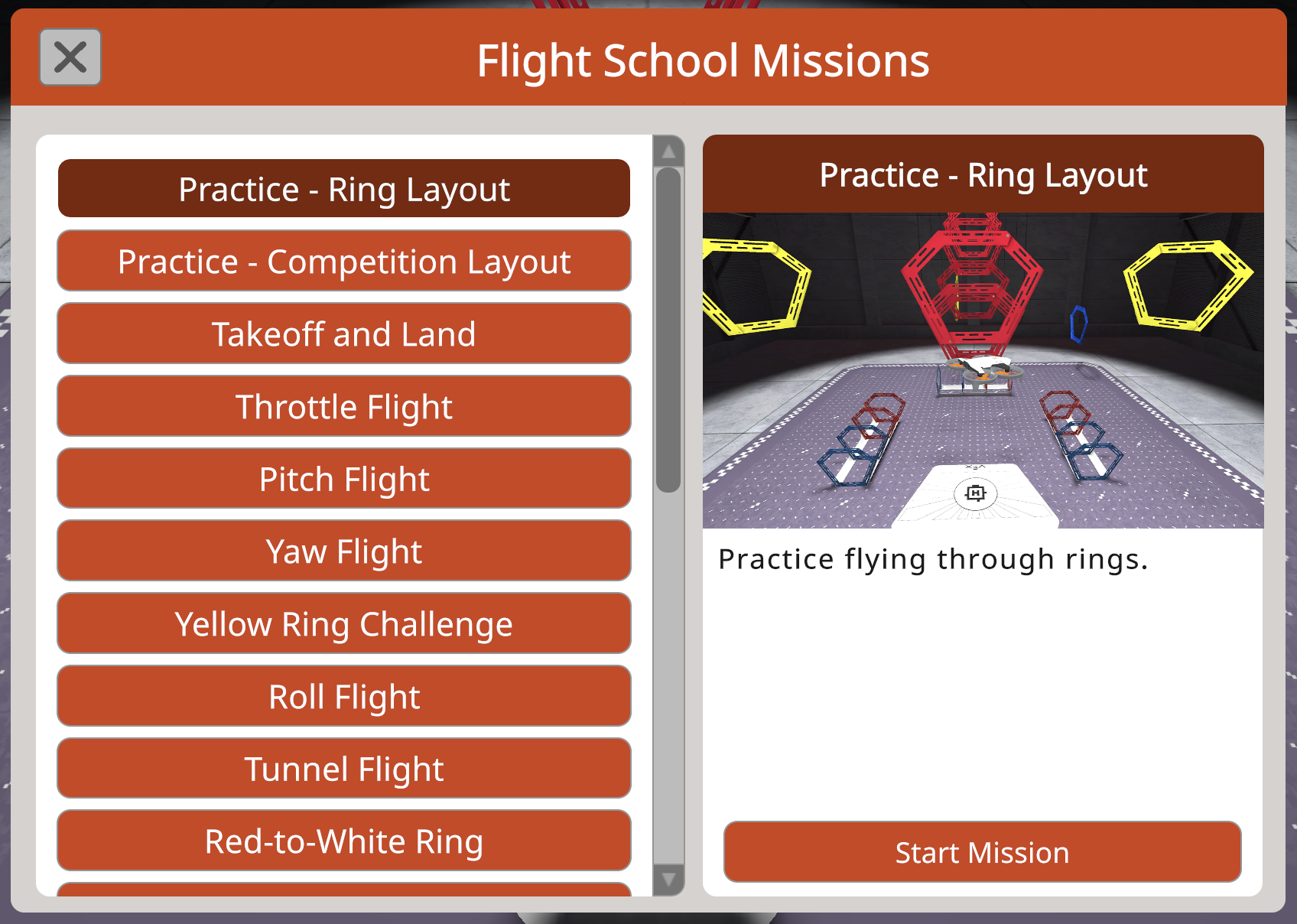 The Flight School Missions menu dialog in the simulator, showing a scrollable list of mission buttons on the left, and a preview pane with mission summary in an image and words on the right, with a start mission button on the bottom right.