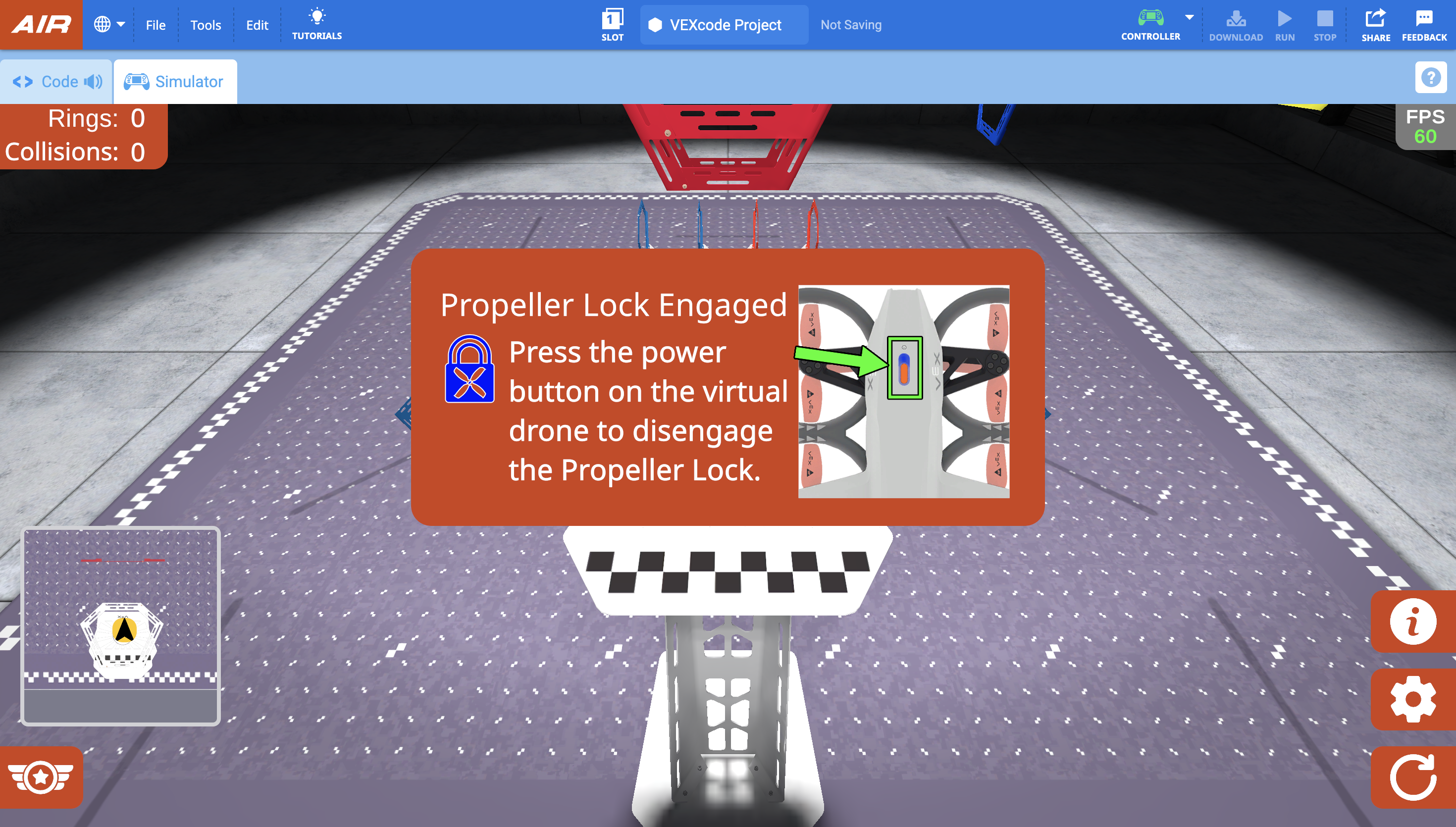 Simulator tab open with the dialog in the center of  the screen reading Propeller Lock Engaged. Press the power button on the virtual drone to disengage the Prop Lock. A green arrow points to the power button to the right within the pop up box.