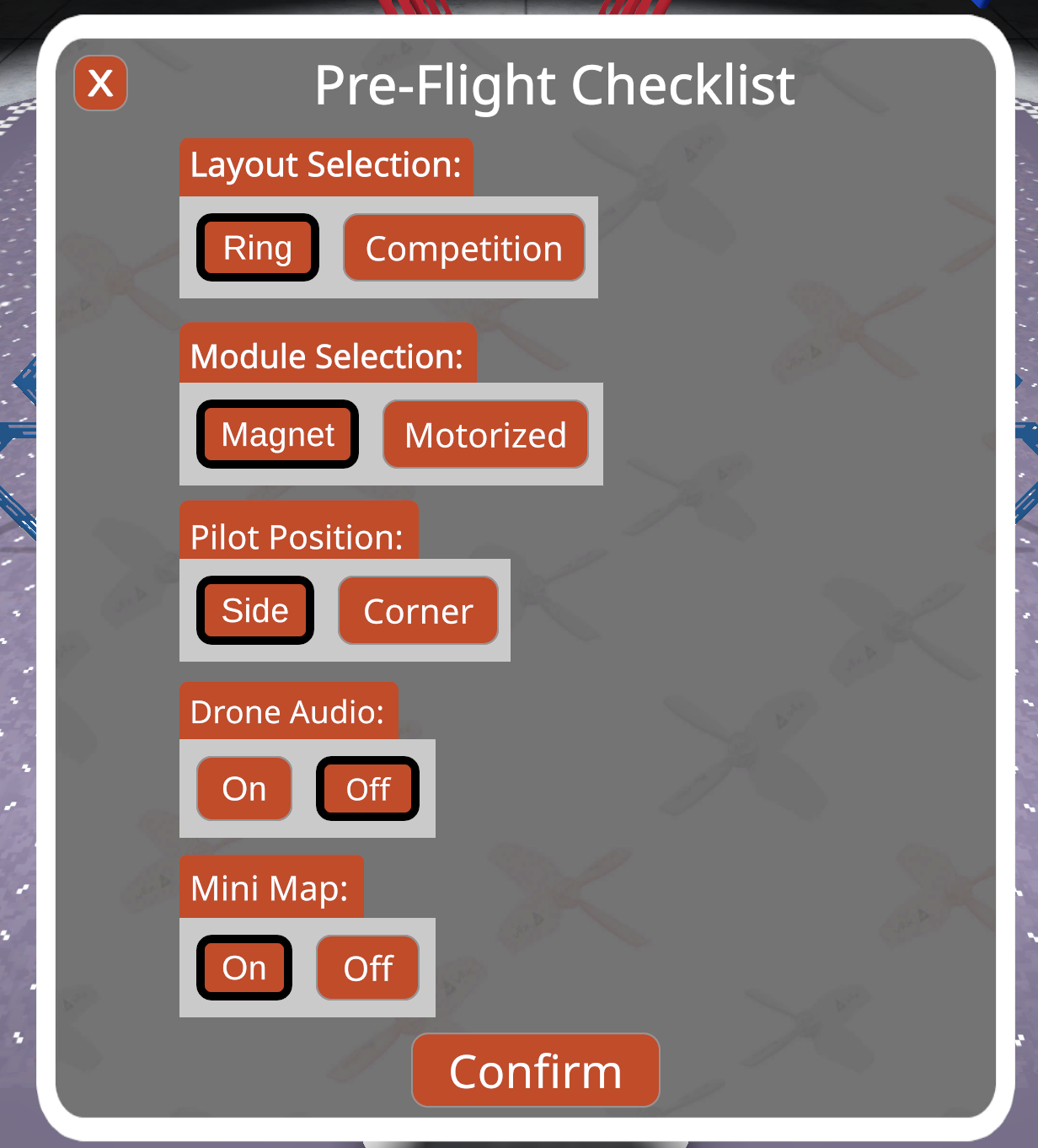 Pre-Flight Checklist menu in the simulator showing the current selections for layout, module, pilot position, drone audio, and mini map. There is a Confirm button at the bottom.