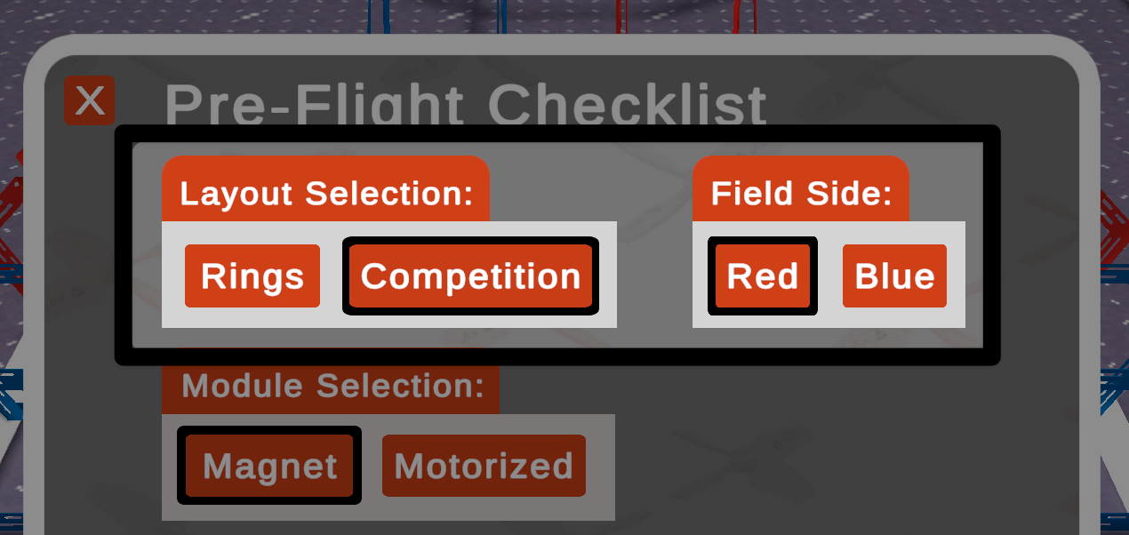 The same image as the one previous, with the additional field side selection shown to the right of layout selection, when competition layout is chosen.