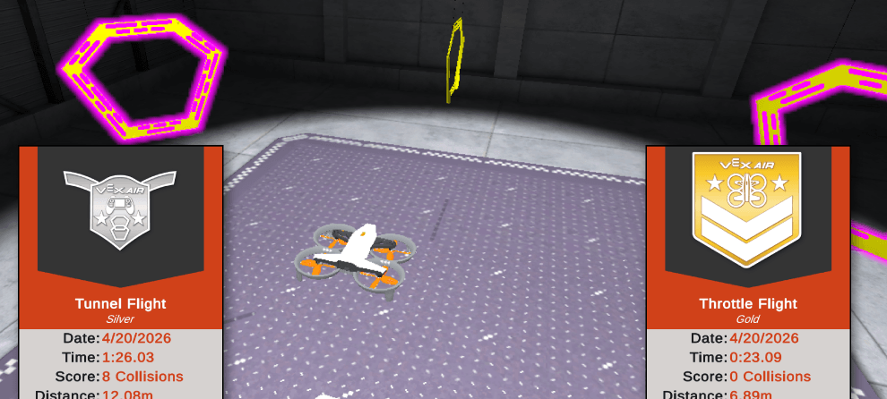 Drone in mid flight in the simulator. In the foreground are two badges showing progress in other Flight School missions.