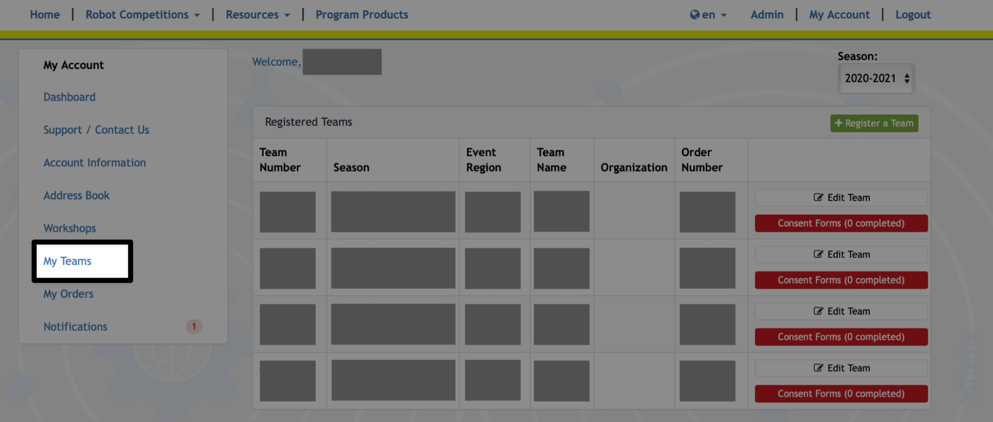 The RobotEvents main page, showing all registered teams under an account, with the My Teams button in the left navigation menu being highlighted.