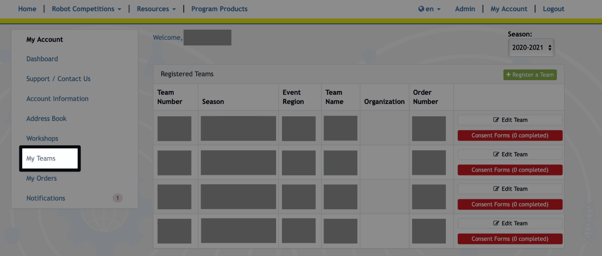 Account navigation to the left of the page, with the my teams option called out.
