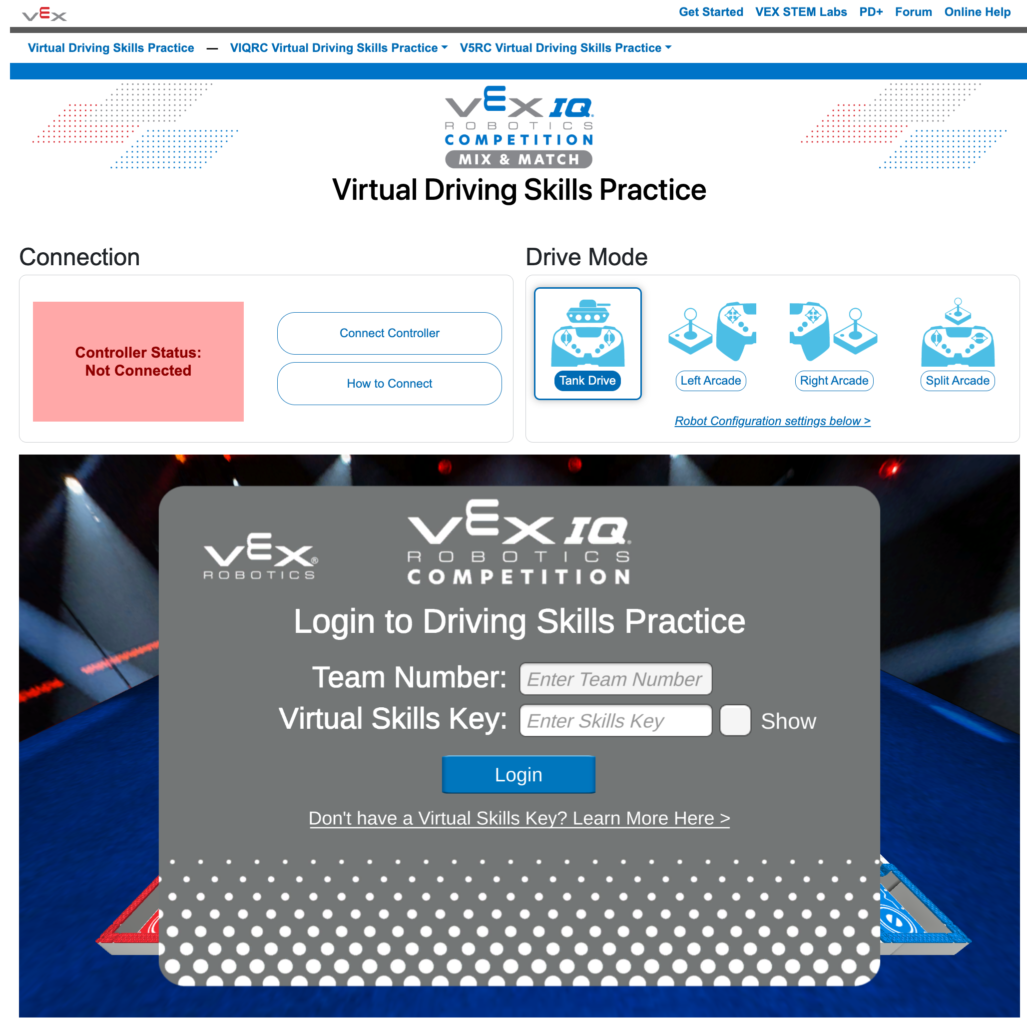 VEX VIQRC Virtual Driving Skills Practice page. Underneath the Connection and Drive Mode settings, there is a Driving Skills Practice login window with fields for the Team Number and the Virtual Skills Key.