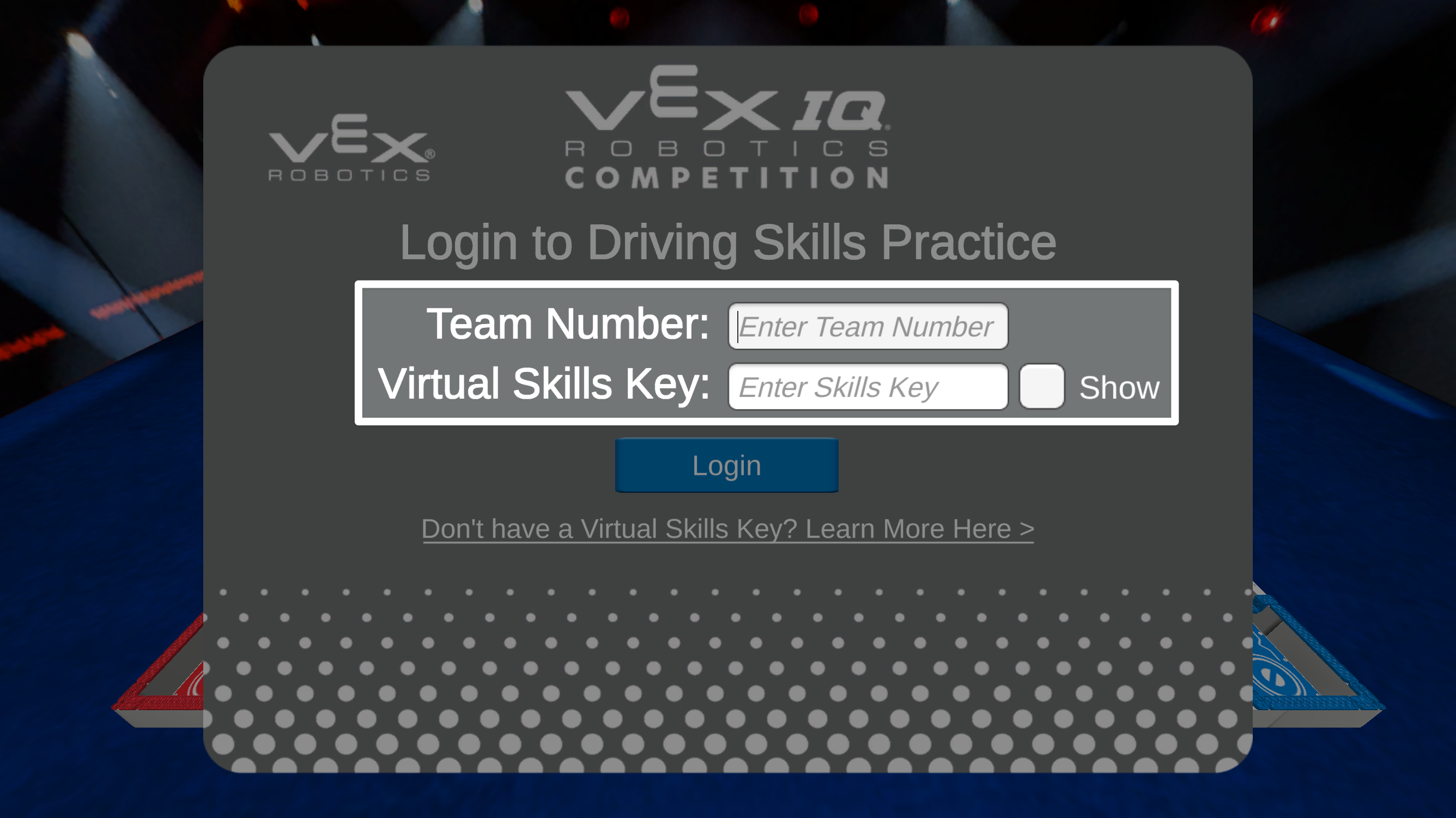 Login screen in the Practice window in Virtual Driving Skills. The fields to enter the Team Number and the Virtual Skills Key are highlighted.