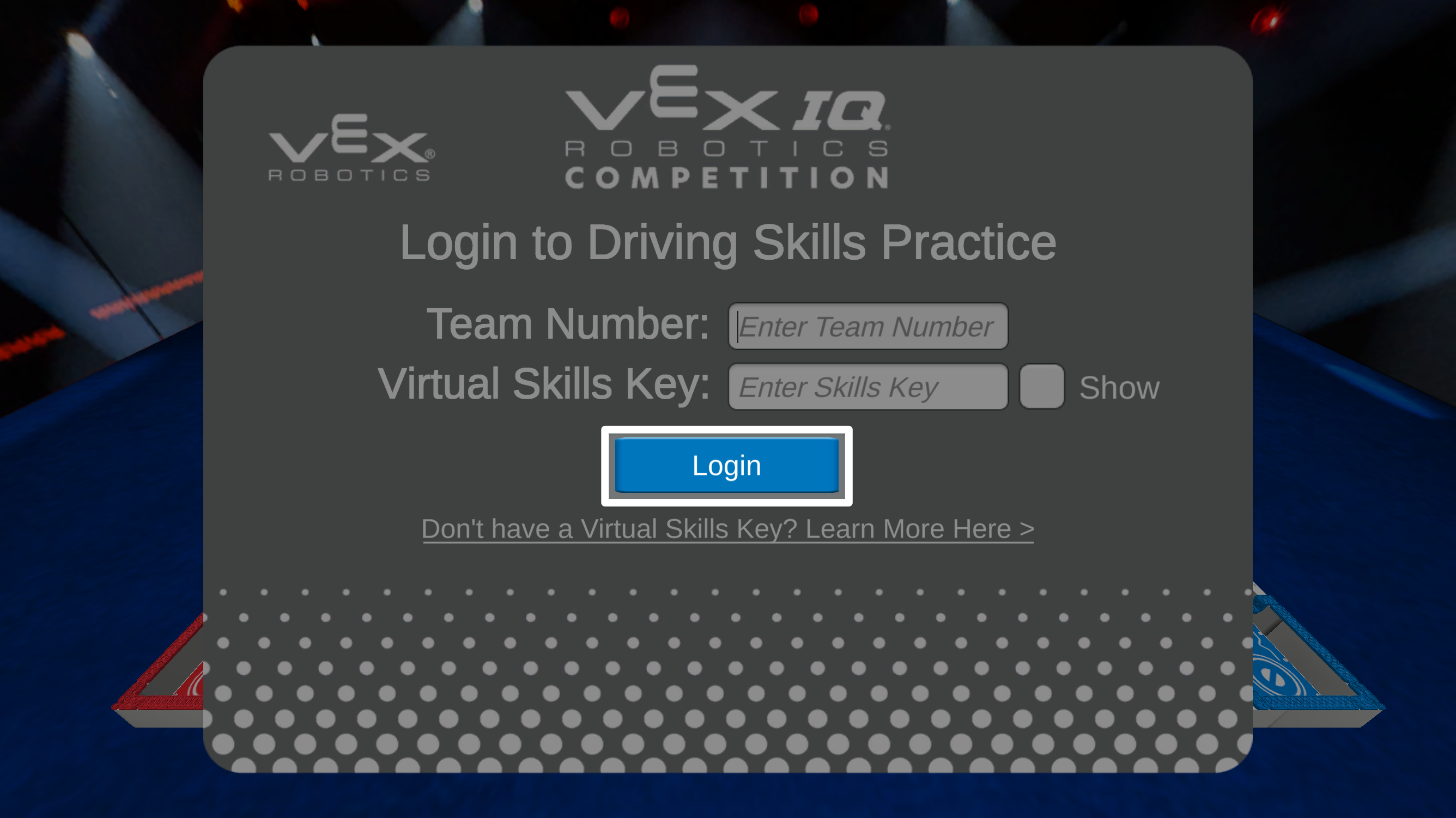 The same image as the previous one, now with the Login button below the Virtual Skills Key field highlighted.