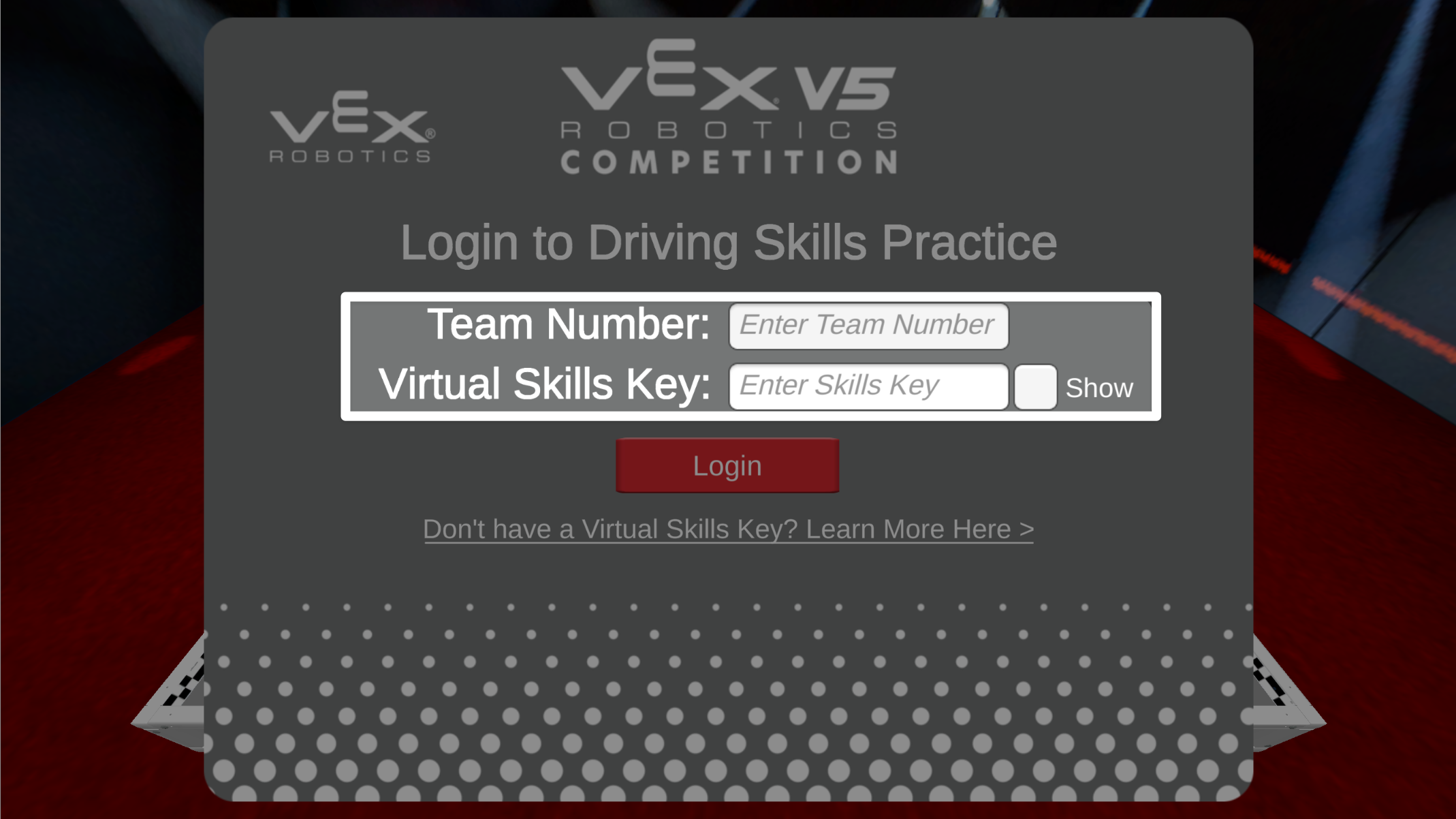 Driving Skills practice login window with the Team number and Virtual Skills Key fields called out.