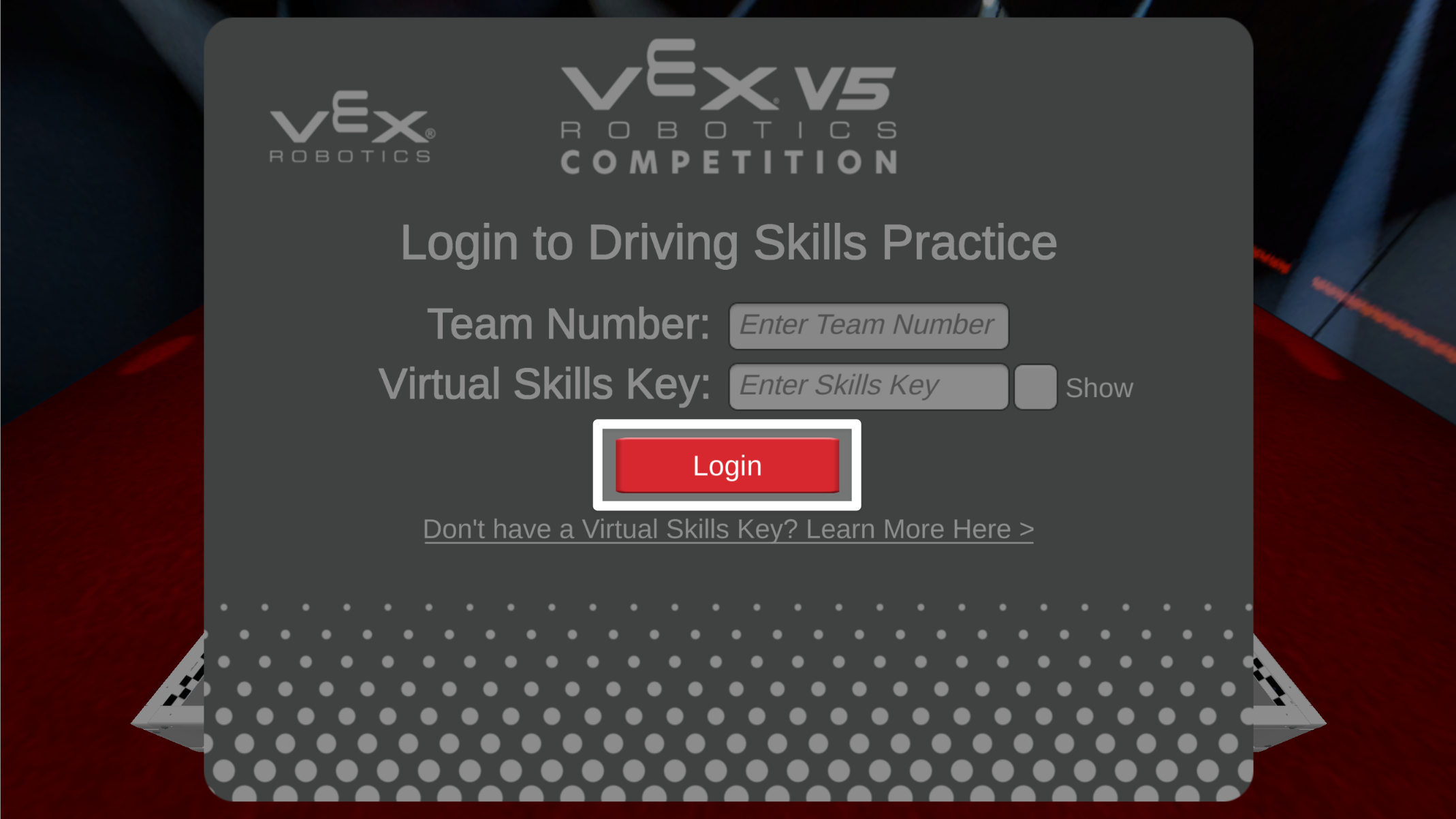 Login button called out in the Driving Skills practice login window.