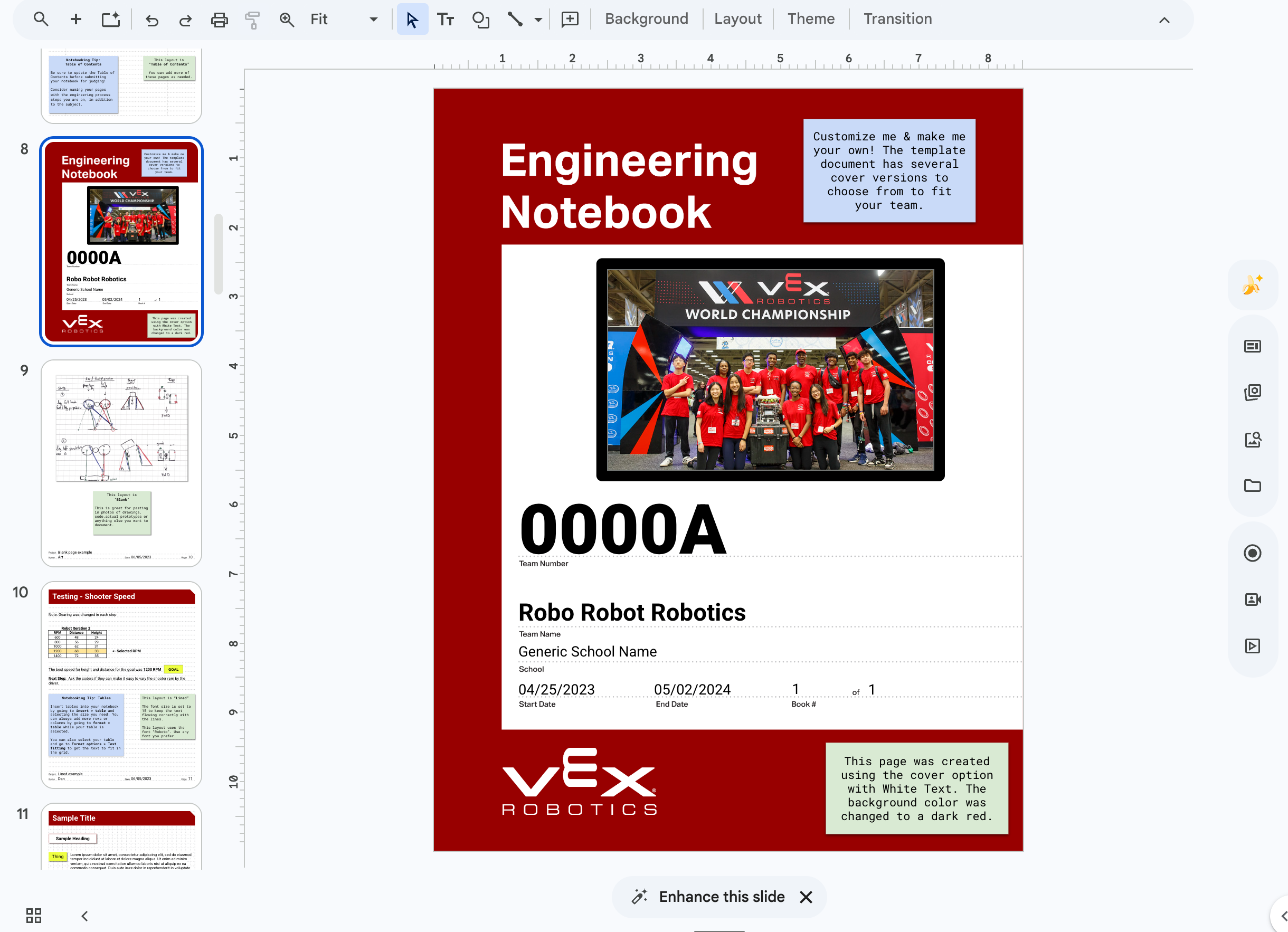 Engineering notebook template in the google slides interface. A sample cover is shown in the workspace with notes about how the page can be customized.