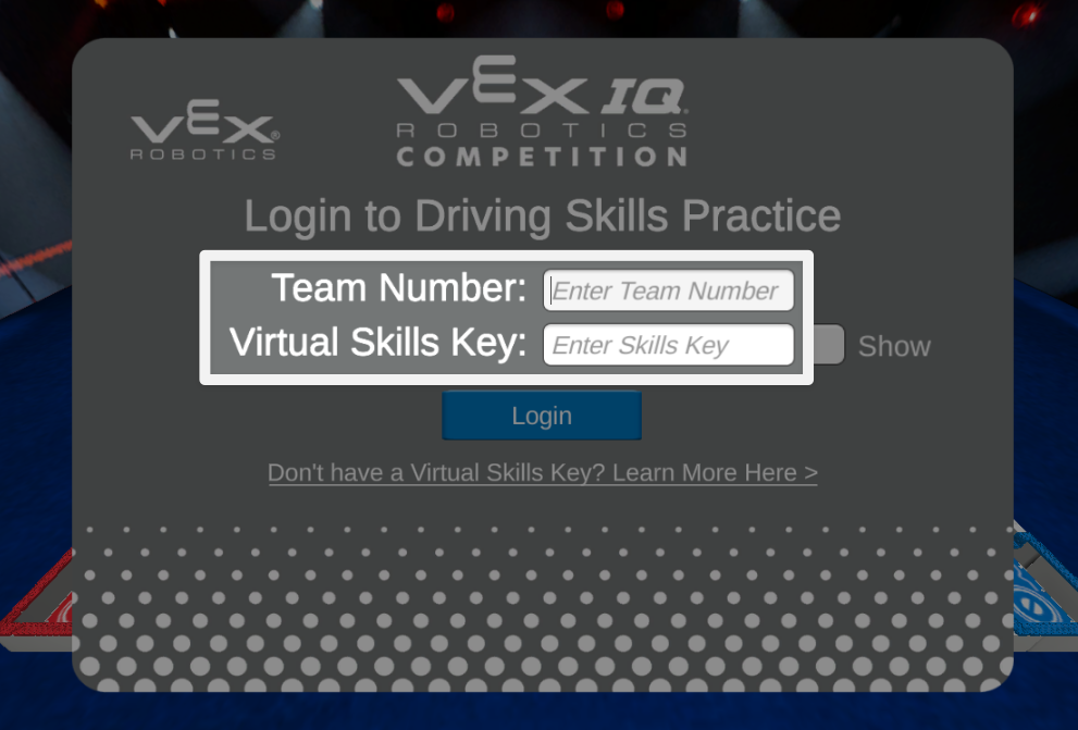 A close up of the login window with the text boxes to enter a Team Number and Virtual Skills Key in the center highlighted.