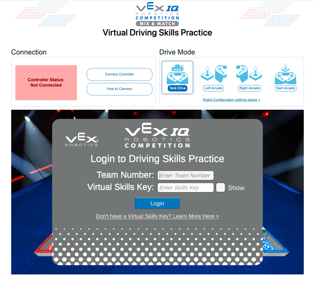 The Virtual Driving Skills Practice home screen featuring connection and drive mode options on the top and a Login screen over the game field on the bottom.